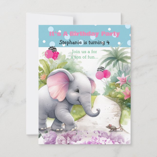 Elephant dans un jardin Invitation d'anniversaire (Devant)