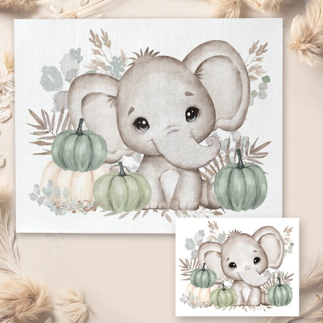 Eléphant De Chute Et Puzzle Citrouille (Cute Fall Elephant And Pumpkins Jigsaw Puzzle)