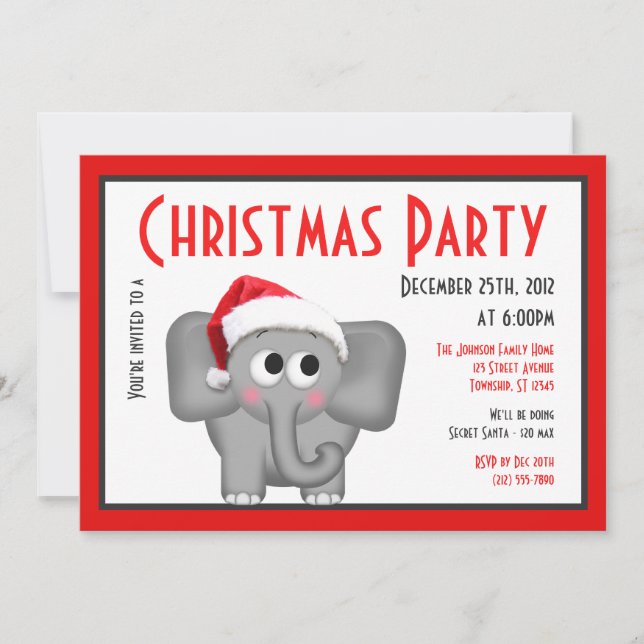 Eléphant de Santa Hat - Invitations de Noël (Devant)