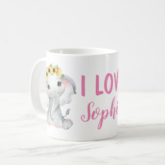 Eléphant de tournesol Nom personnalisé Mug Girl Ja