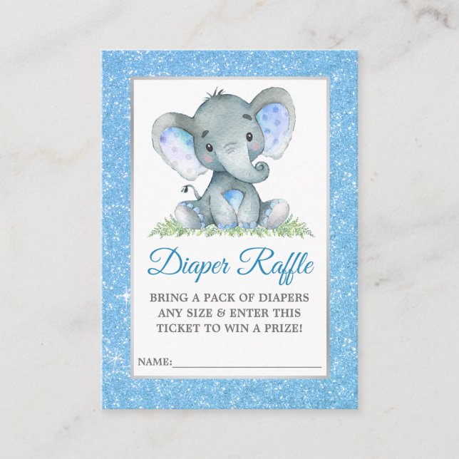 Elephant Diaper Raffle Dusche Blauer Glitzer Begleitkarte (Vorderseite)