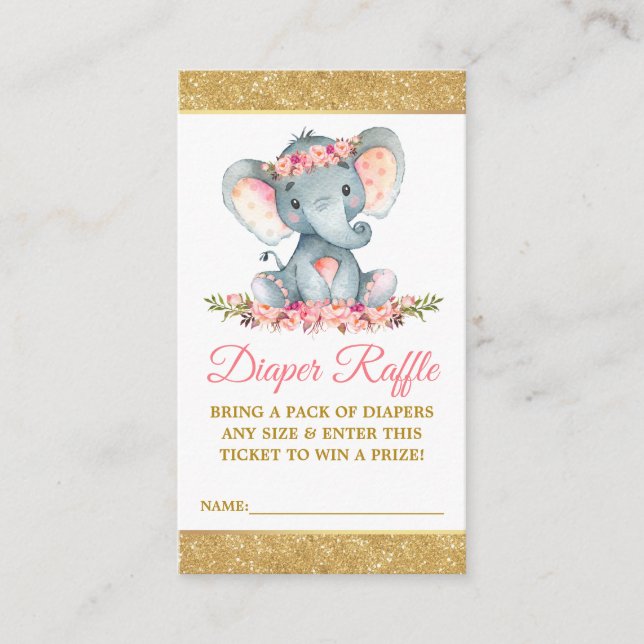 Elephant Diaper Raffle Floral Baby Dusche Glitzer Begleitkarte (Vorderseite)