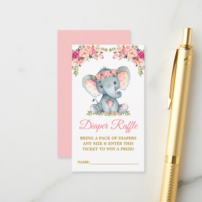 Elephant Diaper Raffle Pink Floral Baby Dusche Begleitkarte (Vorderseite/Rückseite Beispiel)