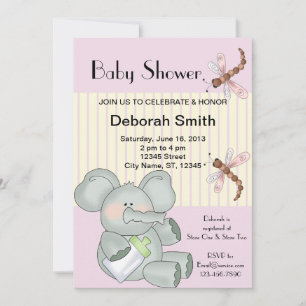 Elephant Dragonfly Pink Stripe Babydusche Einladung