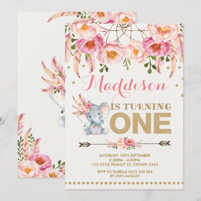 Elephant Dreamcatcher Einladung Pink Gold Floral (Vorne/Hinten)