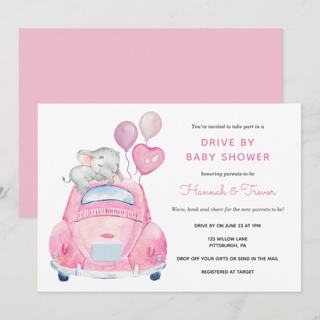 Elephant Drive by Baby Girl Dusche Einladung (Vorne/Hinten)