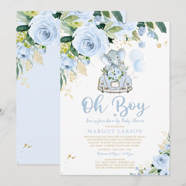 Elephant Drive by Baby Shower Einladung Blue Rose (Vorne/Hinten)