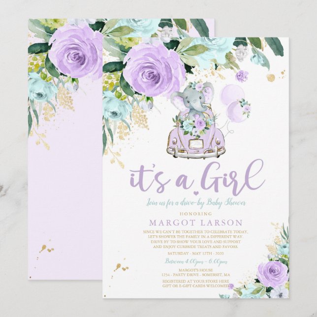 Elephant Drive by Baby Shower Einladung Lila (Vorne/Hinten)