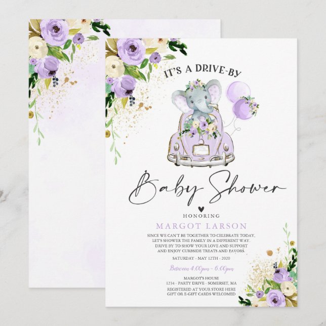 Elephant Drive by Baby Shower Einladung Lila (Vorne/Hinten)