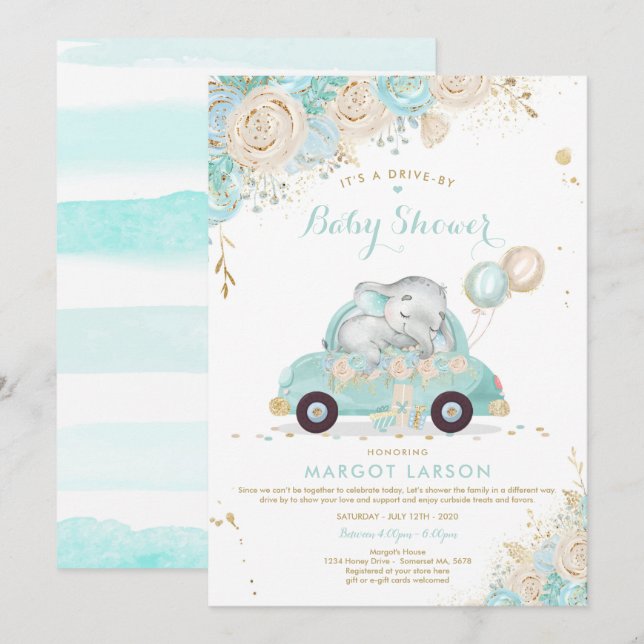 Elephant Drive by Baby Shower Einladung Minze (Vorne/Hinten)