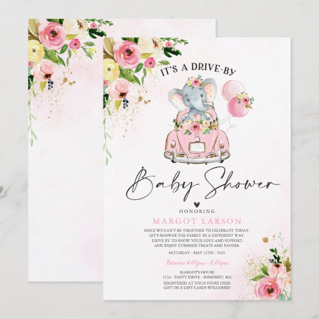 Elephant Drive by Baby Shower Einladung Pink (Vorne/Hinten)