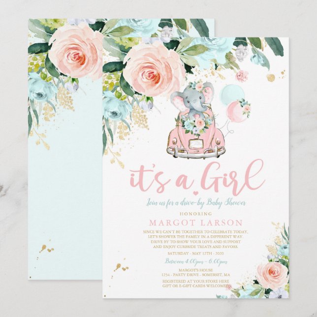 Elephant Drive by Baby Shower Einladung Rosa Rose (Vorne/Hinten)