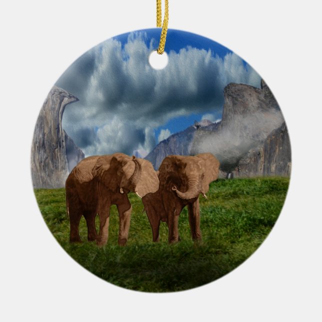 Elephant Duo Ölfarbe, Keramik Ornament (Vorne)