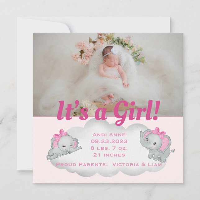 Elephant Es ist ein Girl Pink Foto Geburtshinweis (Vorderseite)