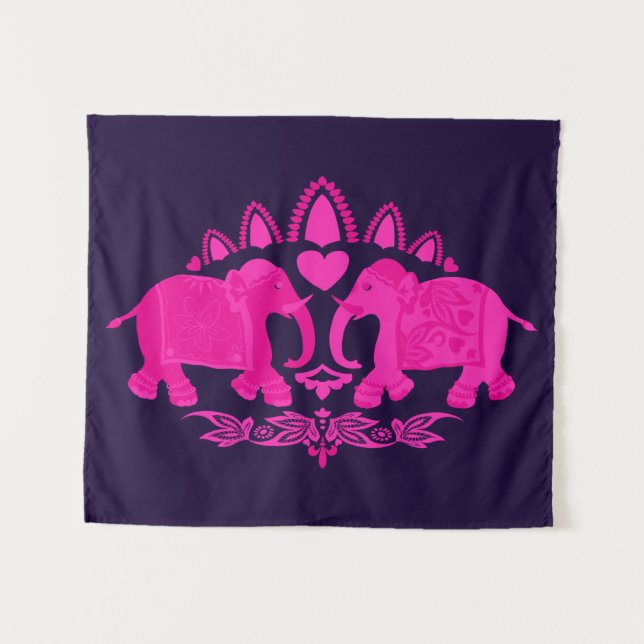Elephant Ethnic Print Pink Blue Wandteppich (Vorderseite (Horizontal))