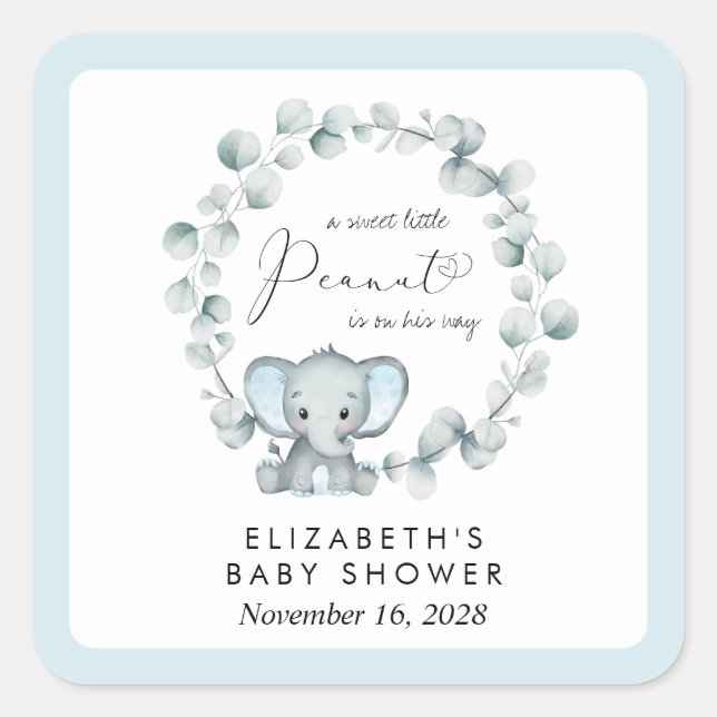 Elephant Eucalyptus Baby Boy Dusche Quadratischer Aufkleber (Vorderseite)
