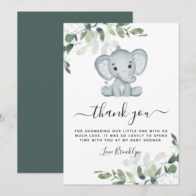 Elephant Eucalyptus Baby Shower Dankeskarte (Vorne/Hinten)