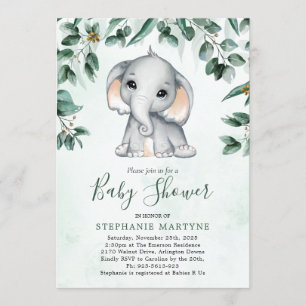 Elephant Eucalyptus Foliage Watercolor Babydusche Einladung