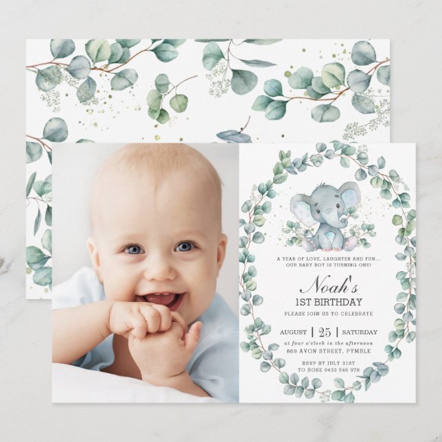 Elephant Eucalyptus Greenery Boy Birthday Foto Einladung (Vorne/Hinten)