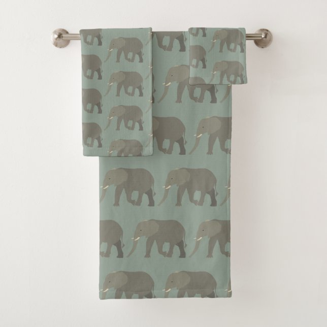Elephant Exotic Animal Pattern Sage Green Badhandtuch Set (Insitu)