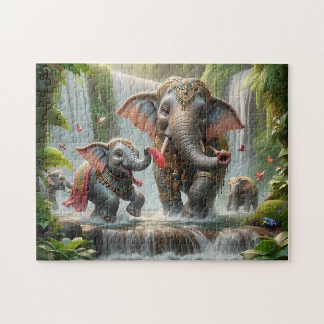 Elephant Family Jungle Waterfall Happy Time (Horizontal)