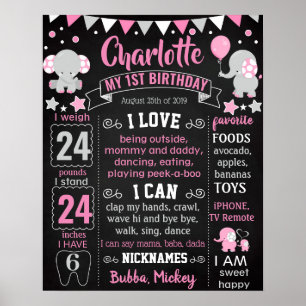 Elephant First Birthday Chalkboard-Zeichen Poster