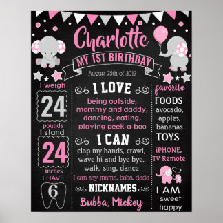 Elephant First Birthday Chalkboard-Zeichen Poster