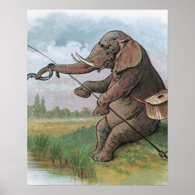 Elephant Fischer Fishing Illustration Poster (Vorne)