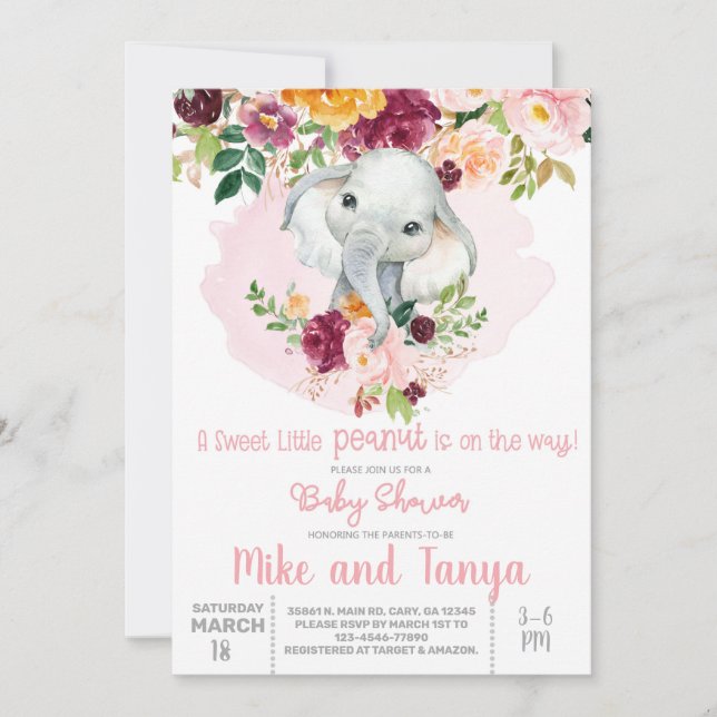 Elephant & fleurs bordeaux baby shower invitation (Devant)