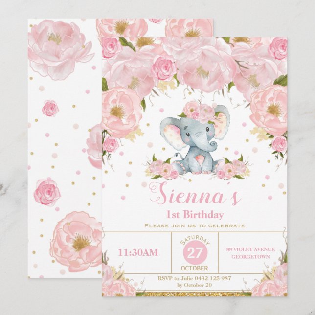 Elephant Floral Anniversaire Fête Invitation Fille (Devant / Derrière)