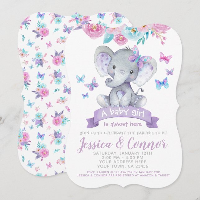 Elephant Floral Baby Shower Einladung (Vorne/Hinten)