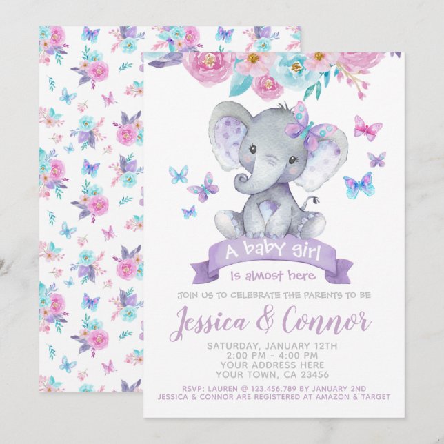 Elephant Floral Baby Shower Einladung (Vorne/Hinten)