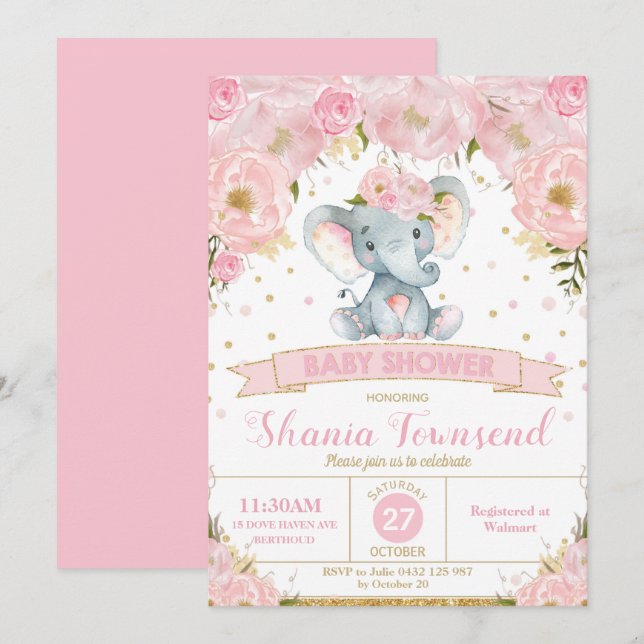Eléphant Floral Baby shower Invitation fille (Devant / Derrière)