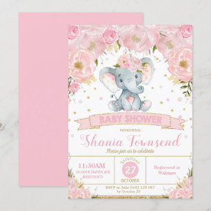 Eléphant Floral Baby shower Invitation fille