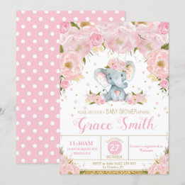 Eléphant Floral Baby shower Invitation fille