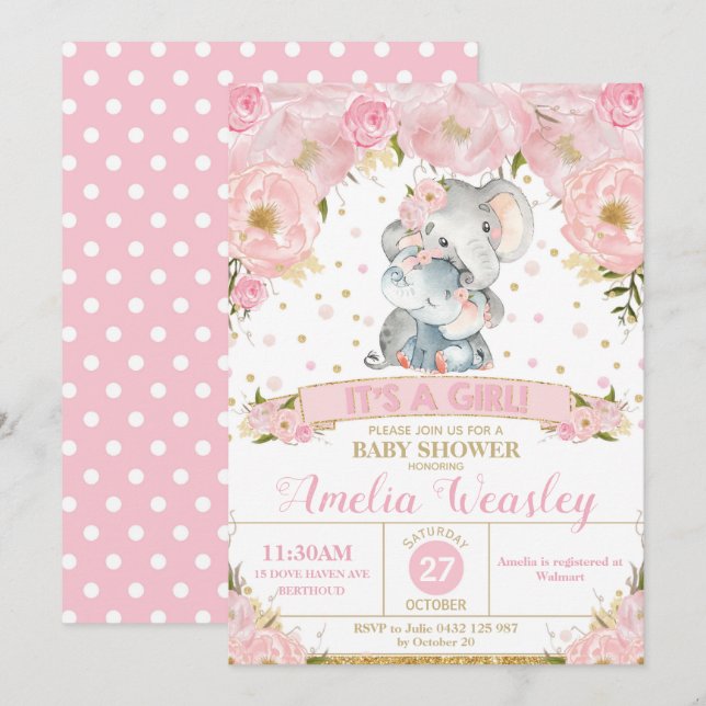 Eléphant Floral Baby shower Invitation fille (Devant / Derrière)