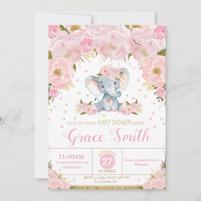 Eléphant Floral Baby shower Invitation fille (Devant)