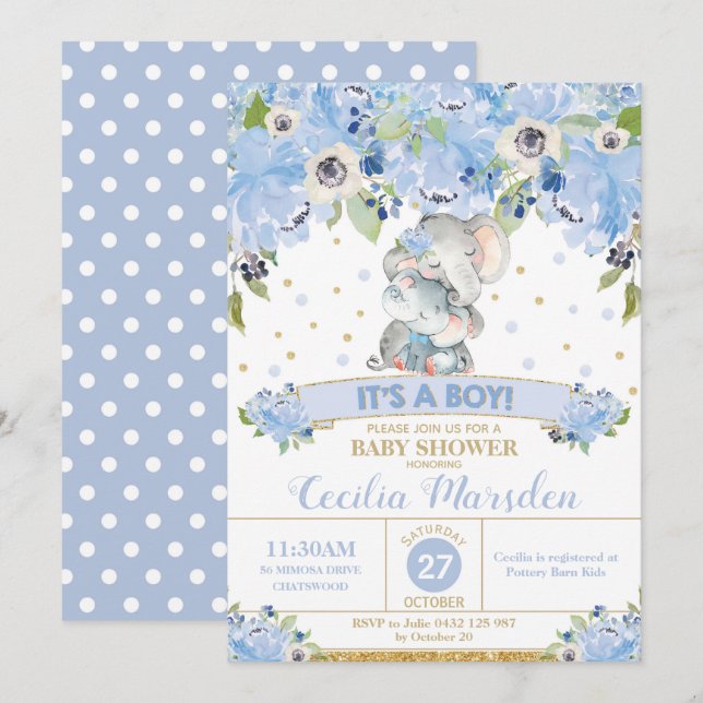 Elephant Floral Baby shower Invitation Garçon (Devant / Derrière)