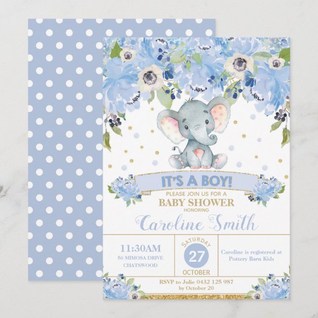 Elephant Floral Baby shower Invitation Garçon (Devant / Derrière)