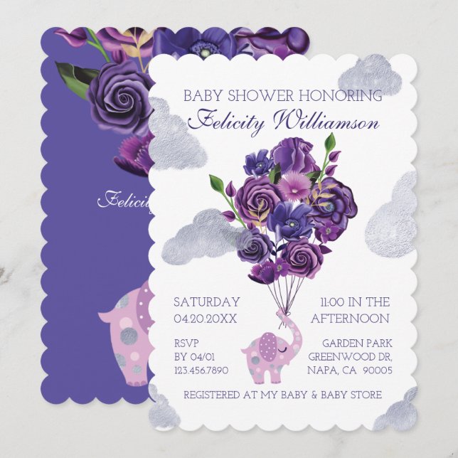 Elephant Floral Balloons Kinderdusche Einladung (Vorne/Hinten)