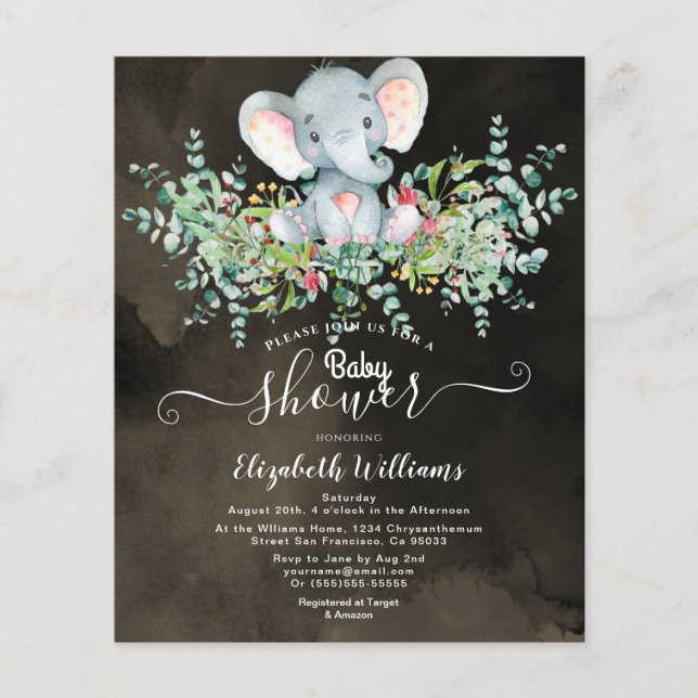 Elephant Floral Eucalyptus Baby Dusche Einladungen Flyer (Vorne)