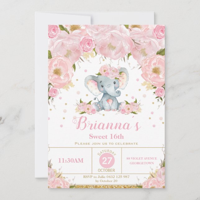 Elephant Floral Geburtstagsparty Einladung Teenage (Vorderseite)