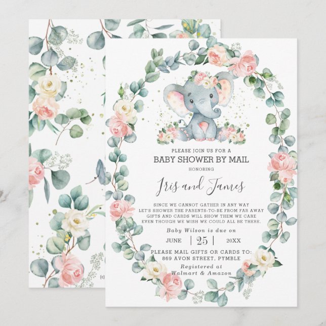 Elephant Floral Greenery Baby Shower von Mail Girl Einladung (Vorne/Hinten)