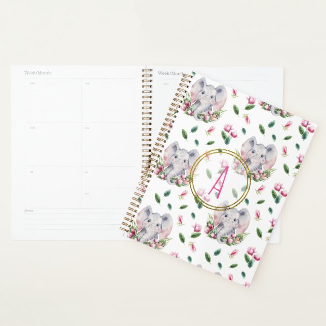 ÉLÉPHANT Floral Monogramme Girl rose chambre à cou (Devant avec enveloppe)
