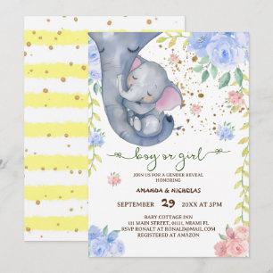 Elephant Floral Pink Blue Gender Offenbaren Einlad Einladung