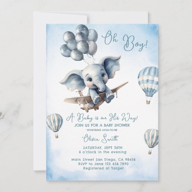 Elephant Flugzeug Adventure Oh Boy Baby Shower Einladung (Vorderseite)