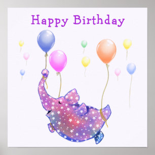 Elephant Flying with Balloons Baby Birthday Poster
