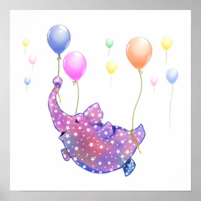 Elephant Flying with Colorful Balloons Poster (Vorne)