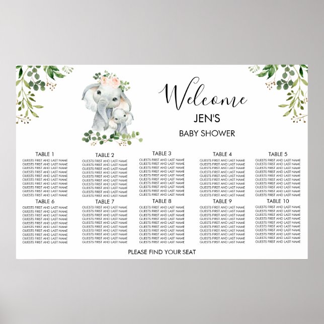 Elephant Foliage Baby Shower Seekarte Poster (Vorne)