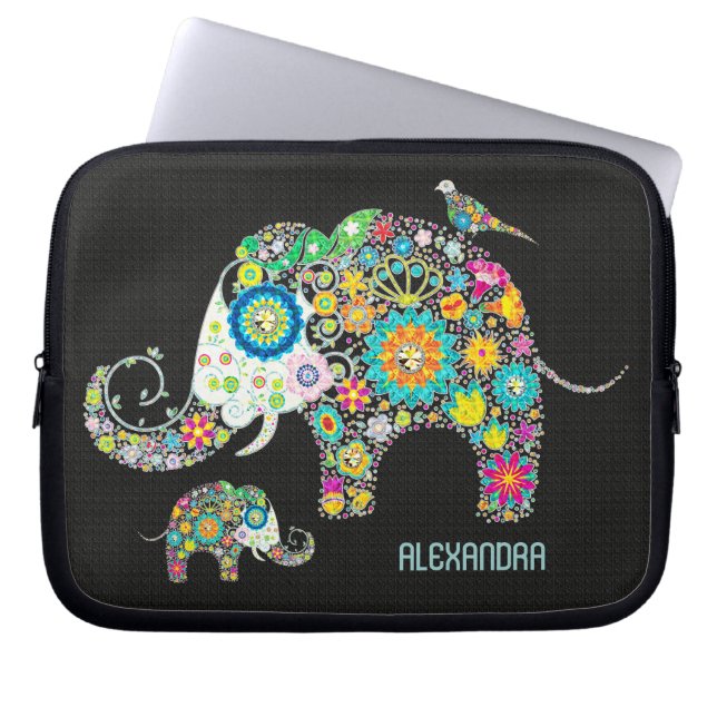 Elephant Form farbenfrohe Retro-Blume Laptopschutzhülle (Vorderseite)